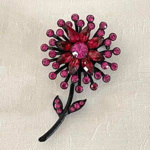 Vintage Fuschia Pinks Rhinestone Flower Brooch Pin